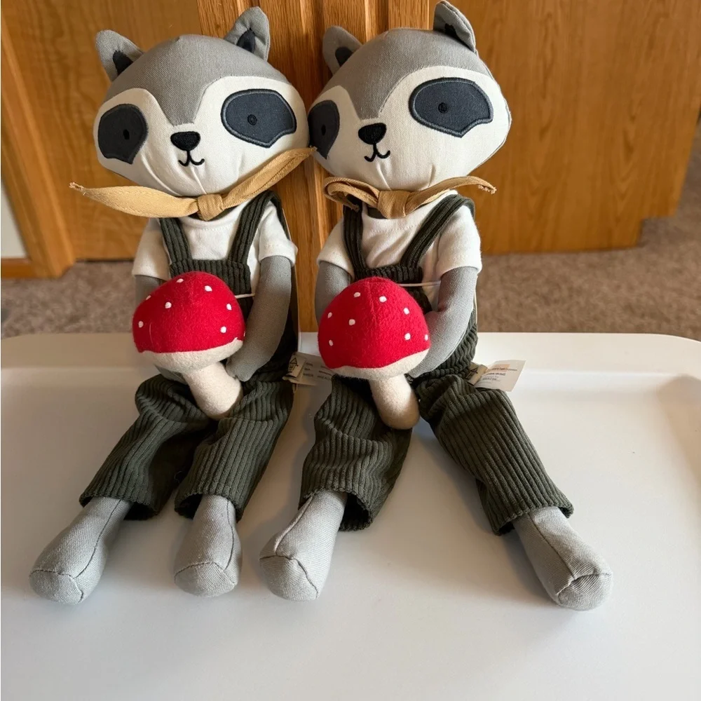 Pair of Gray Raccoon Plush Dolls with Red‎ Mushroom